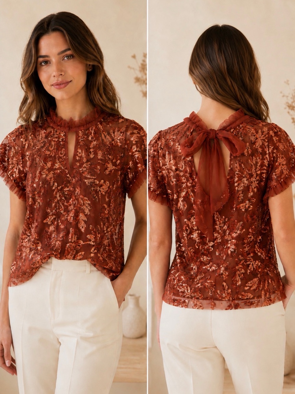 Anthropologie Rust Sequin Leaf-Embellished Short Sleeve Top